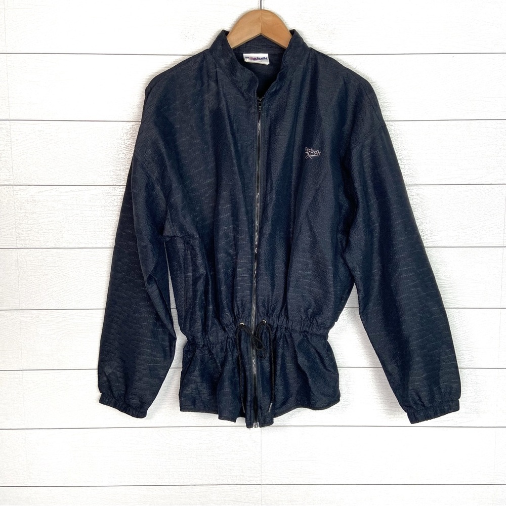 Vintage Reebok Nylon Windbreaker Drawstring Zip Jacket Navy Blue Logo XL